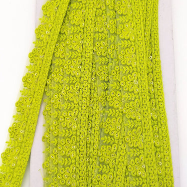 Green Net Lace Trim With Floral Embroidery And Gold Sequins, Sequinned Trim, Wedding Trim Bridal Trim